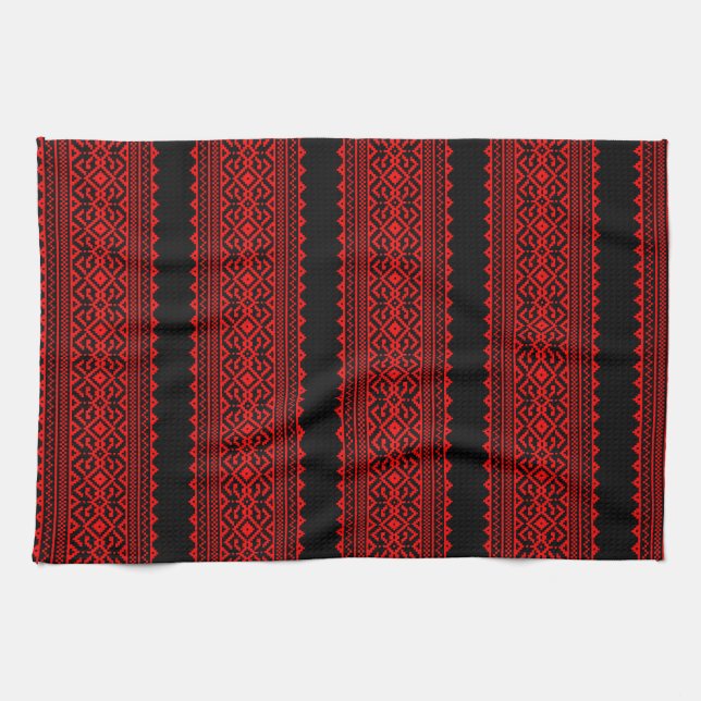 Ukrainian traditional vushuvanka folk pattern red kitchen towel (Horizontal)