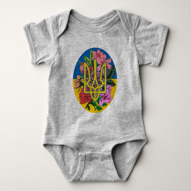 Ukrainian trident and flag of Ukraine with flowers Baby Bodysuit (Front)