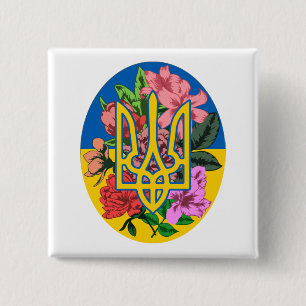 Ukrainian trident and flag of Ukraine with flowers Button
