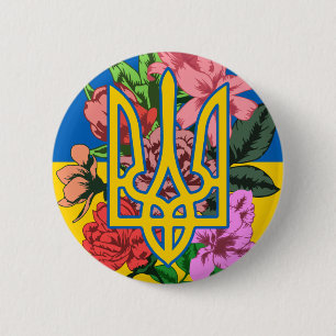 Ukrainian trident and flag of Ukraine with flowers Button