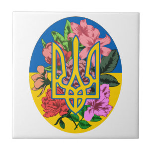 Ukrainian trident and flag of Ukraine with flowers Ceramic Tile