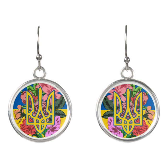 Ukrainian trident and flag of Ukraine with flowers Earrings (Front)