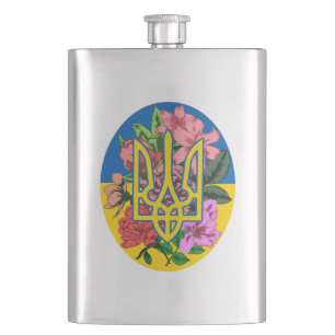 Ukrainian trident and flag of Ukraine with flowers Flask