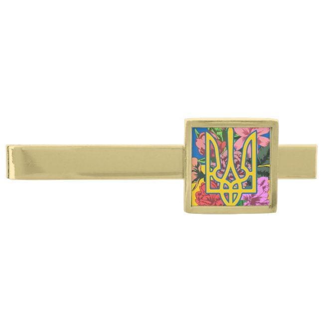 Ukrainian trident and flag of Ukraine with flowers Gold Finish Tie Bar (Front)