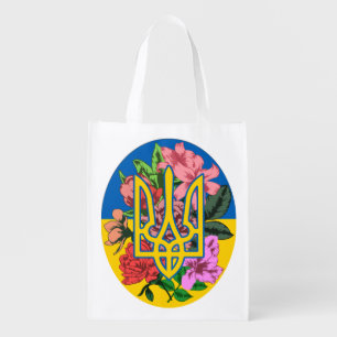 Ukrainian trident and flag of Ukraine with flowers Grocery Bag
