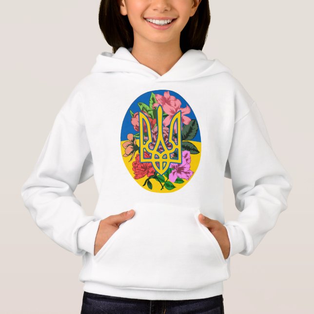 Ukrainian trident and flag of Ukraine with flowers Hoodie (Front)