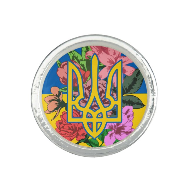 Ukrainian trident and flag of Ukraine with flowers Ring (Front)