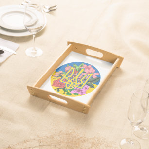 Ukrainian trident and flag of Ukraine with flowers Serving Tray