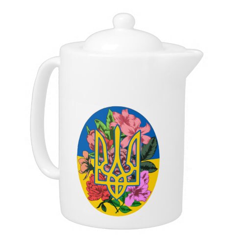 Ukrainian trident and flag of Ukraine with flowers Teapot