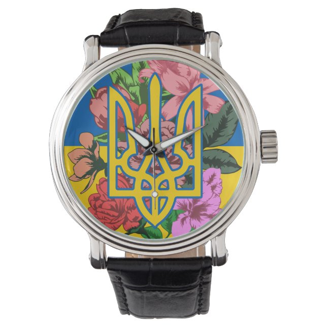 Ukrainian trident and flag of Ukraine with flowers Watch (Front)
