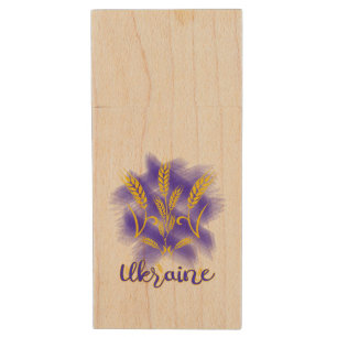 Ukrainian trident made of wheat ear wood flash drive