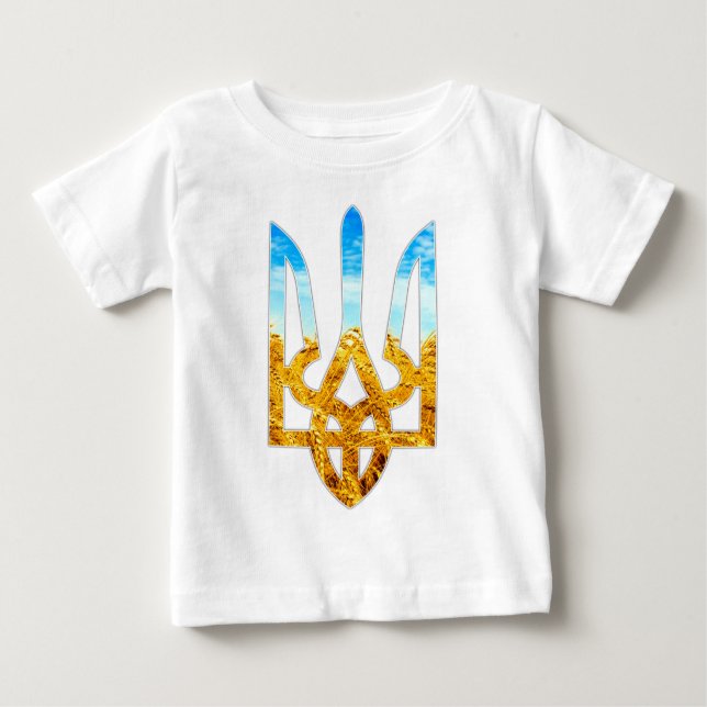 Ukrainian tryzub background of wheat and blue sky baby T-Shirt (Front)
