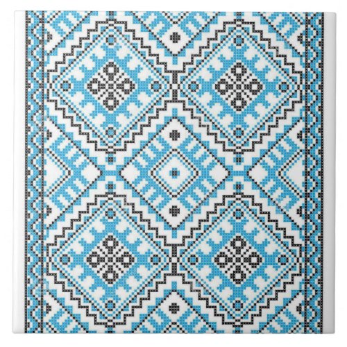 Ukrainian Vyshyvanka Blue Embroidery Ceramic Tile