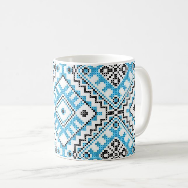 Ukrainian Vyshyvanka Blue Geometric Embroidery Mug (Front Right)