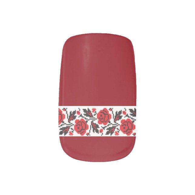 Ukrainian Vyshyvanka Embroidery Red Roses Minx Nail Art (Left Thumb)