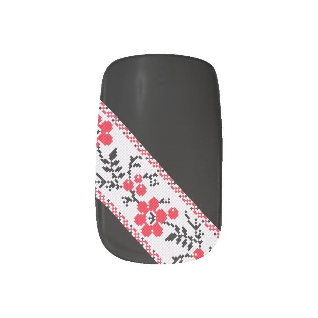 Ukrainian Vyshyvanka Floral Embroidery Minx Nail Art (Left Thumb)
