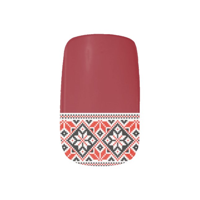 Ukrainian Vyshyvanka  Red Black Embroidery Minx Nail Art (Right Thumb)