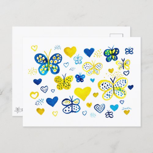 Ukrainian watercolor Butterflies Blue and yellow  Postcard