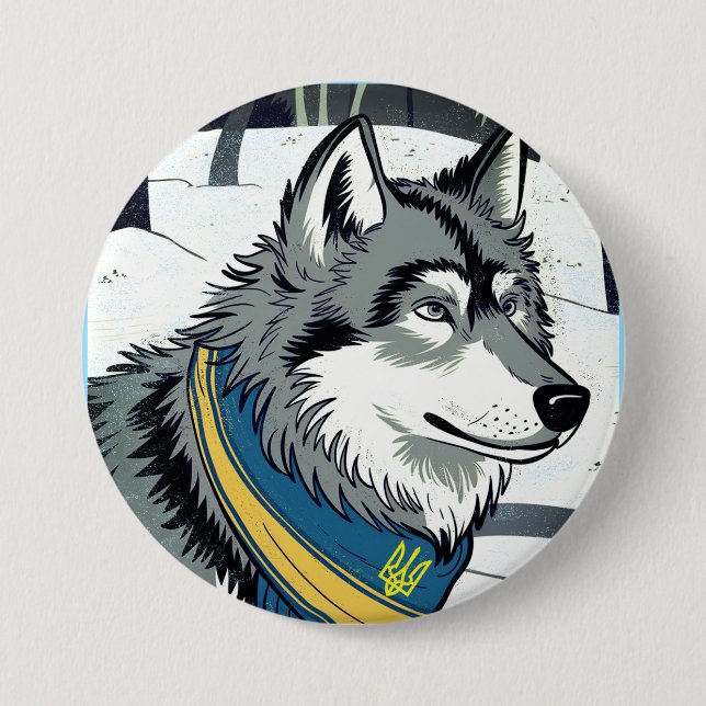 Ukrainian Wolf Symbol, Strong, Proud Ukraine Art Button (Front)