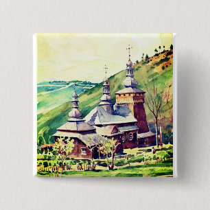 Ukrainian Wooden Church Vintage Architectural Art Button