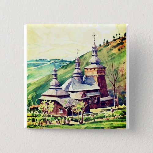 Ukrainian Wooden Church Vintage Architectural Art Button