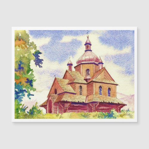 Ukrainian Wooden Church Vintage Watercolor 