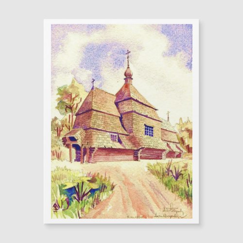 Ukrainian Wooden Church Vintage Watercolor 