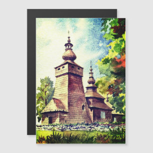 Ukrainian Wooden Church Vintage Watercolor 