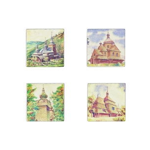 Ukrainian Wooden Churches Stone Magnets