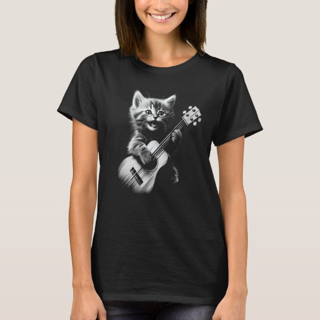 Ukulele Cat - Cute Cat Playing Ukulele Guitar T-Shirt (Front)