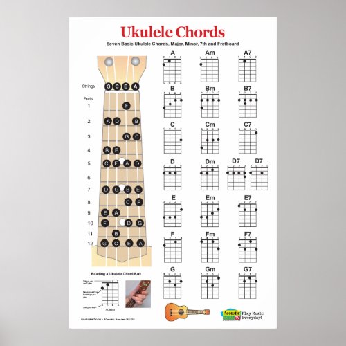  Ukulele Chord Chart and Fretboard Practice Poster