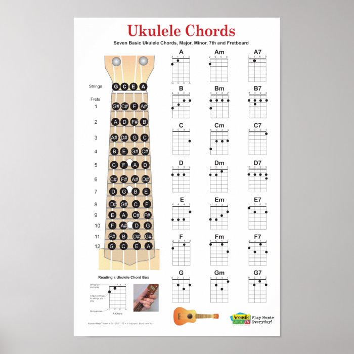 Ukulele Chords Finger Chart and Fretboard Poster