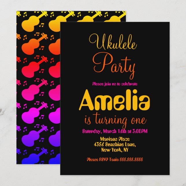 Ukulele Colorful Guitar Music Birthday    Invitation (Front/Back)