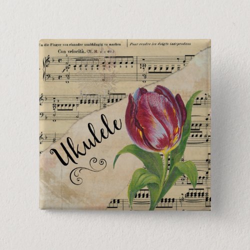 Ukulele Elegant Tulip Vintage Sheet Music Square Button