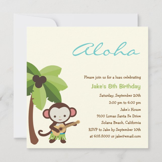 Ukulele Monkey Luau Party Invitation (Front)