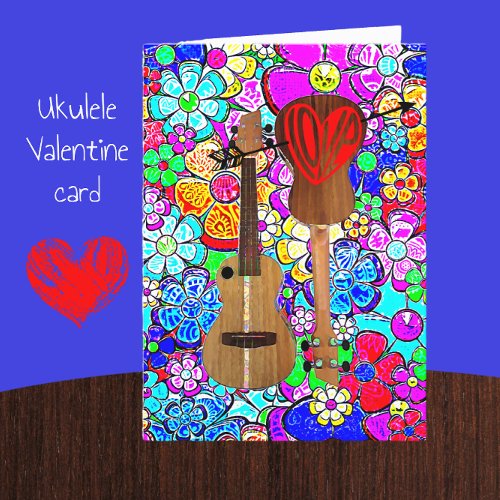 Ukulele Music Mod Flowers Happy Valentines Day Card