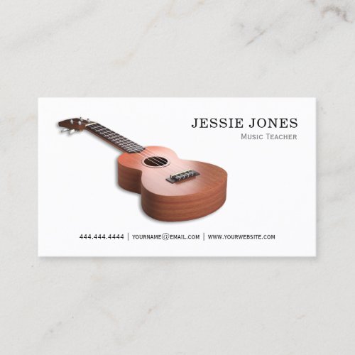 Ukulele Music Teacher Business Card - Professional ukelele music teacher business cards featuring a hawaii ukulele, your name, job title, and contact information.