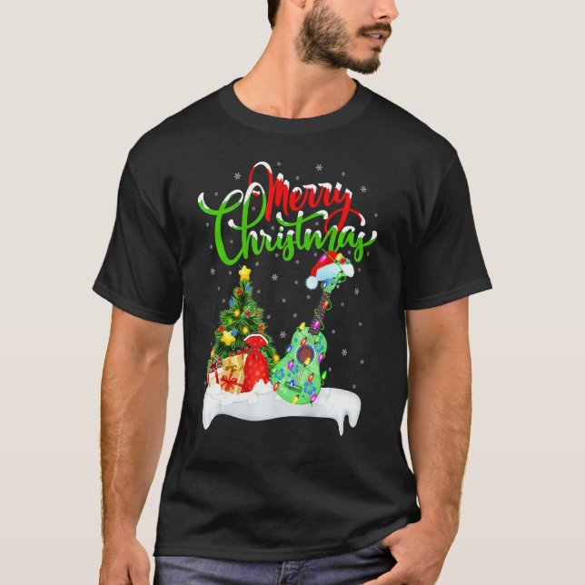 Ukulele Music Xmas Lighting Santa Ukulele Christma T-Shirt (Front)