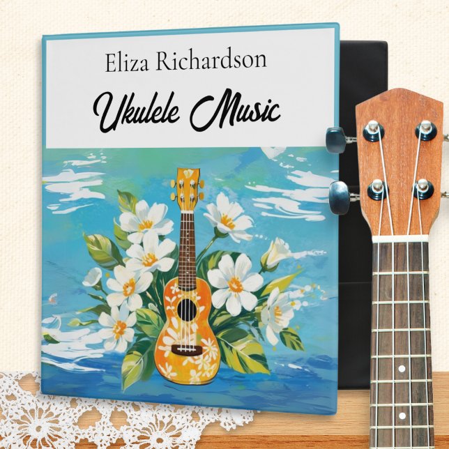 Ukulele Musical Instrument Floral Music Binder (A personalized music folder for ukulele players, with picture of floral ukulele, flowers and sea)