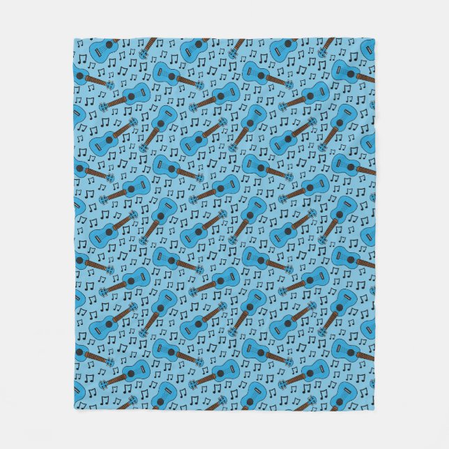 Ukulele Musical Notes Pattern Uke Player (Blue) Fleece Blanket (Front)