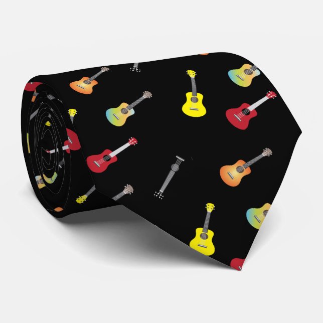 Ukulele Pattern Musical Black Neck Tie (Rolled)