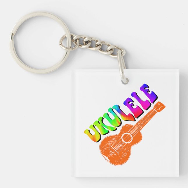 Ukulele Tie Dye Groovy Text Art Keychain (Front)