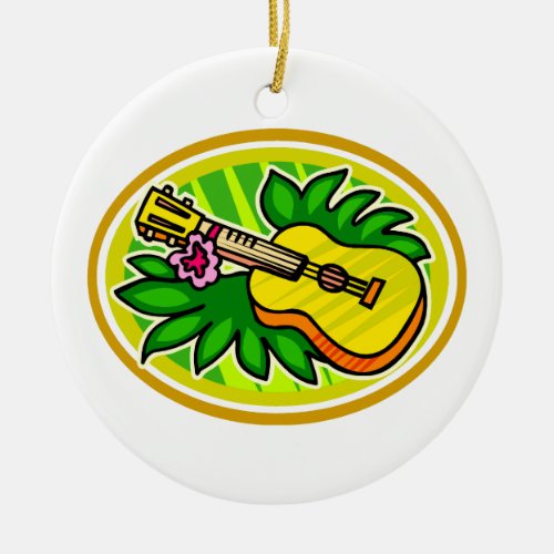 Ukulele With Leaves and Flower Circle  Yellow Ceramic Ornament
