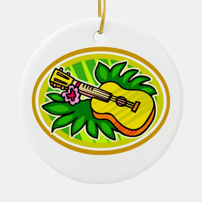 Ukulele With Leaves and Flower Circle , Yellow Ceramic Ornament (Front)