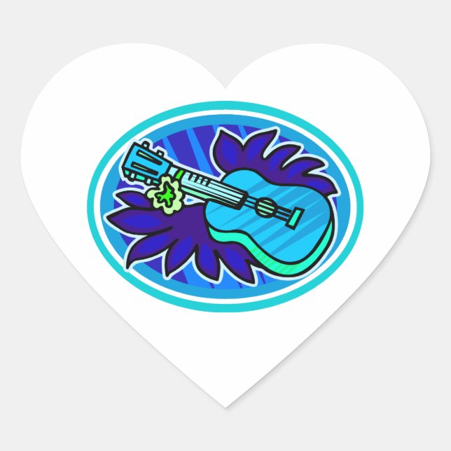 Ukulele with leaves and flowers circle, blue heart sticker (Front)
