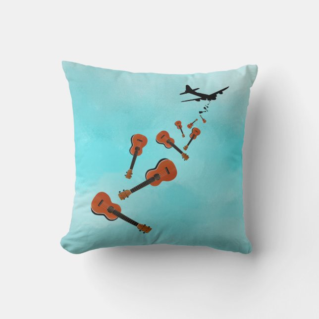 Ukuleles dropping from and airplane throw pillow (Front)