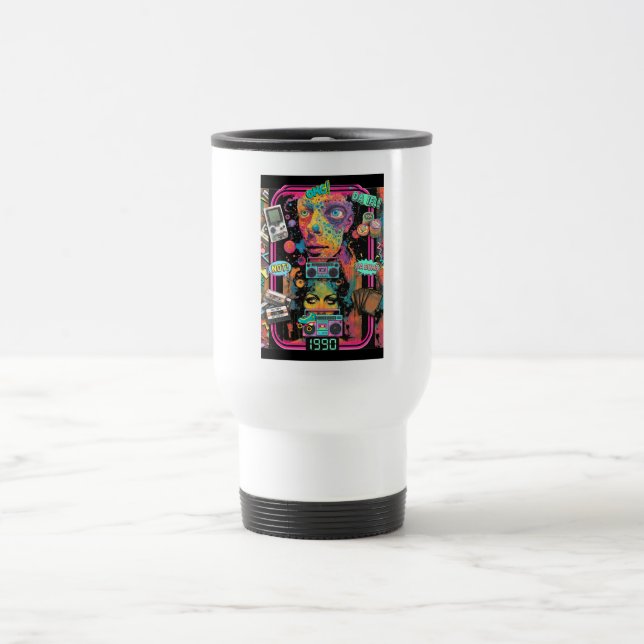 Ultimate 90s Nostalgia Pop Art Collage Travel Mug (Center)