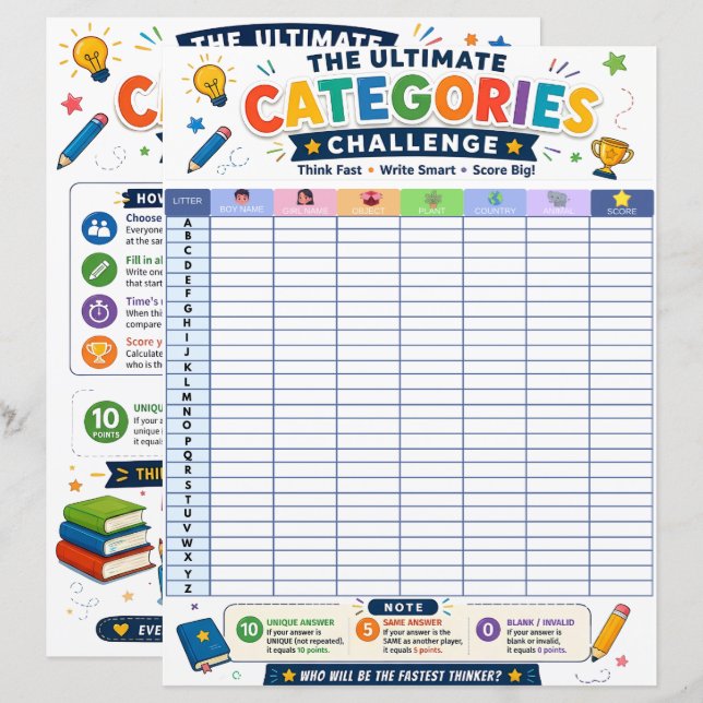 Ultimate Categories Challenge Printable Game (Front/Back)