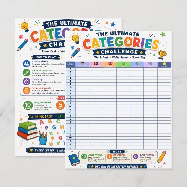 Ultimate Categories Challenge Printable Game Note Card (Front/Back)