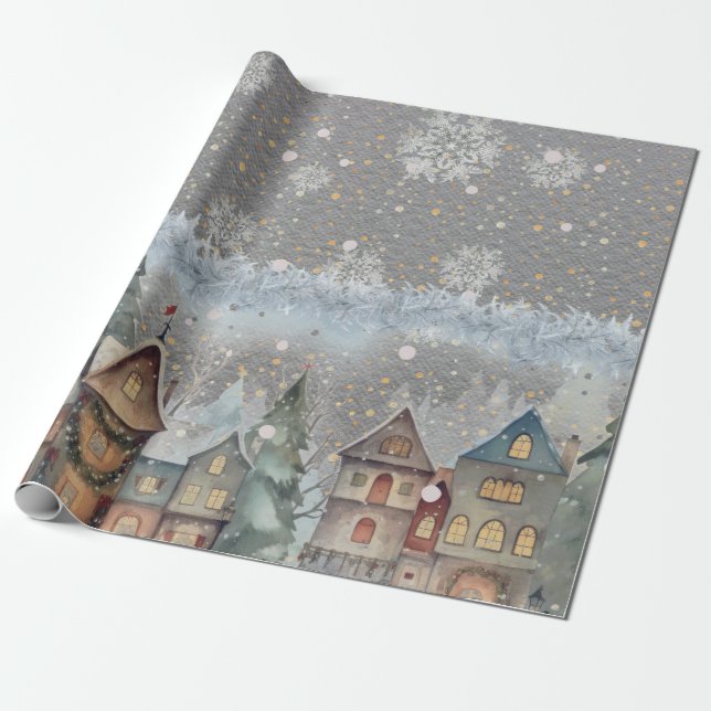 Ultimate Christmas Village Snow Steel Gray Wrapping Paper (Unrolled)